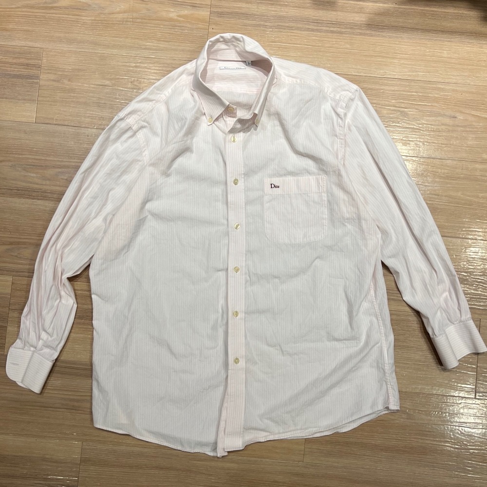 Christian Dior Mens Button Down Shirt Striped Logo Pocket Pink White Size L